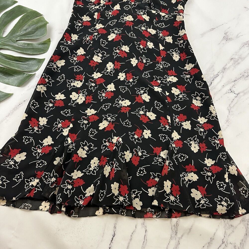Loft Womens Vintage Y2k Slip Dress Size 6 Black Red Floral Ruffle Trim Flutter - Picture 4 of 10